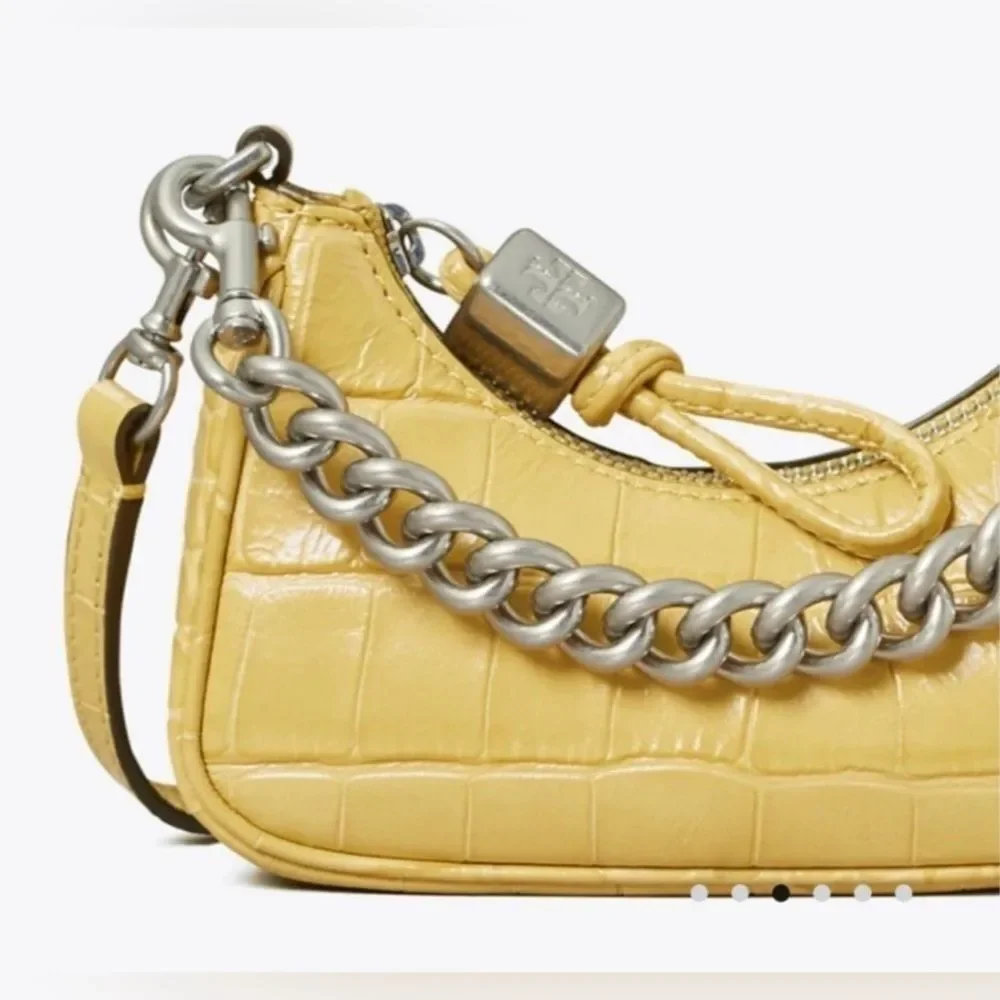 NWT Tory Burch Mercer Embossed Nano Crossbody Bag Beeswax Yellow Mini Chain Croc